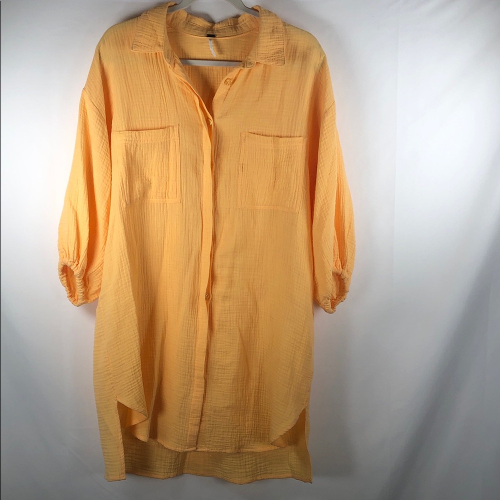 YFB Lightweight Butter Yellow Oversized Cotton Gauze Button-Front Shirt Dress
